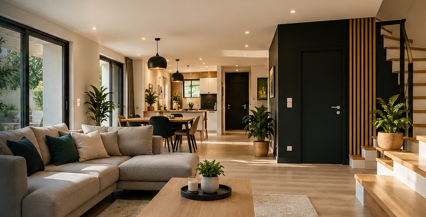 Intérieur contemporain rénové, visuel généré par IA à titre illustratif